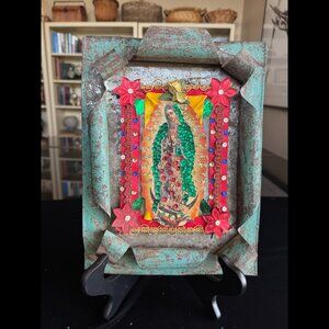 Vintage Mexican Cabinet Shrine Nicho Our Lady of Guadalupe — Verdigris Tin Frame